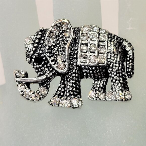 Silver Crystal Jeweled Elephant Adjustable Ring - Picture 1 of 10
